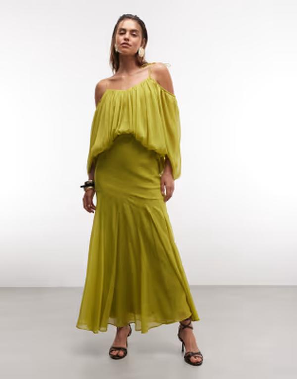 エイソス レディース トップス 衣裳手押し車 マキシ ASOS DESIGN blouson bodice maxi dress with split sleeves and volume godet skirt インチ olive Green 緑であること