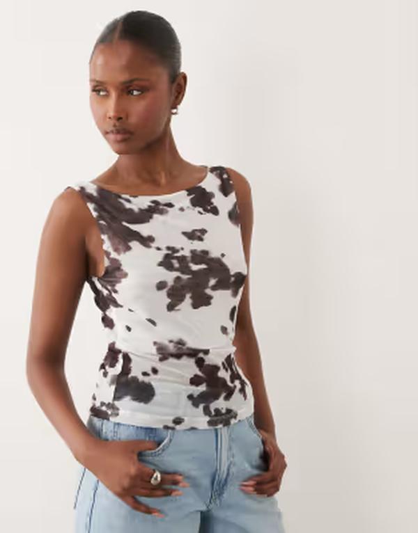 エイソス レディース トップス プルオーバー 刷り上げる メッシュ シアー ASOS DESIGN sheer mesh tank top インチ cow print Cow print