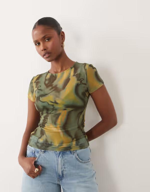 エイソス レディース トップス プルオーバー メッシュ シアー ASOS DESIGN sheer mesh baby tee abstract Green abstract 緑であること