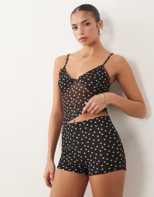 エイソス レディース ボトムス 二分の一ズボン下・さる股引き 一点柄 一点 ミニ メッシュ シアー ASOS DESIGN sheer mesh mini short polka dot Black Polka Dot 黒いこと