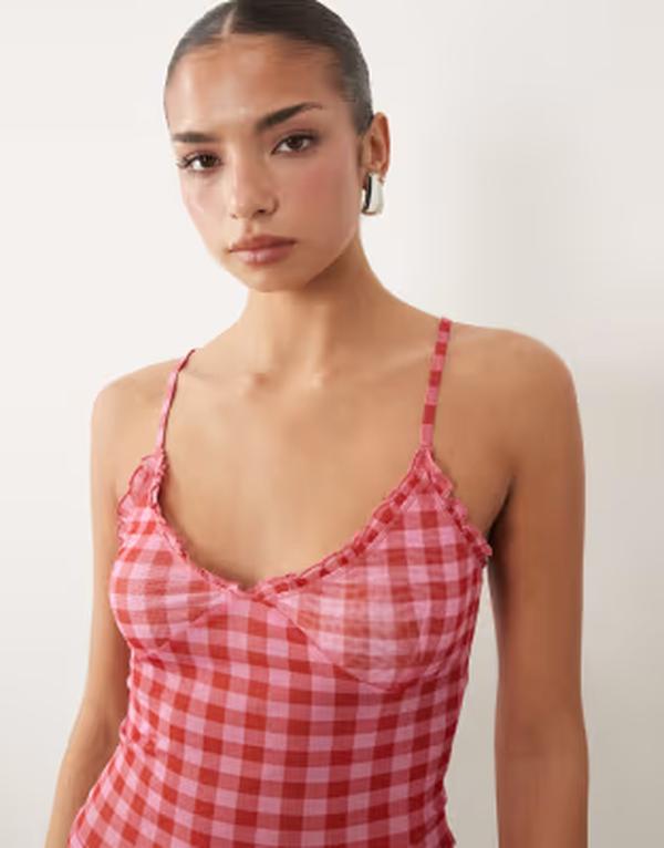 エイソス レディース トップス プルオーバー ギンガム照合のしるし メッシュ シアー ギンガム ASOS DESIGN sheer mesh cami top gingham Red Gingham 赤いこと