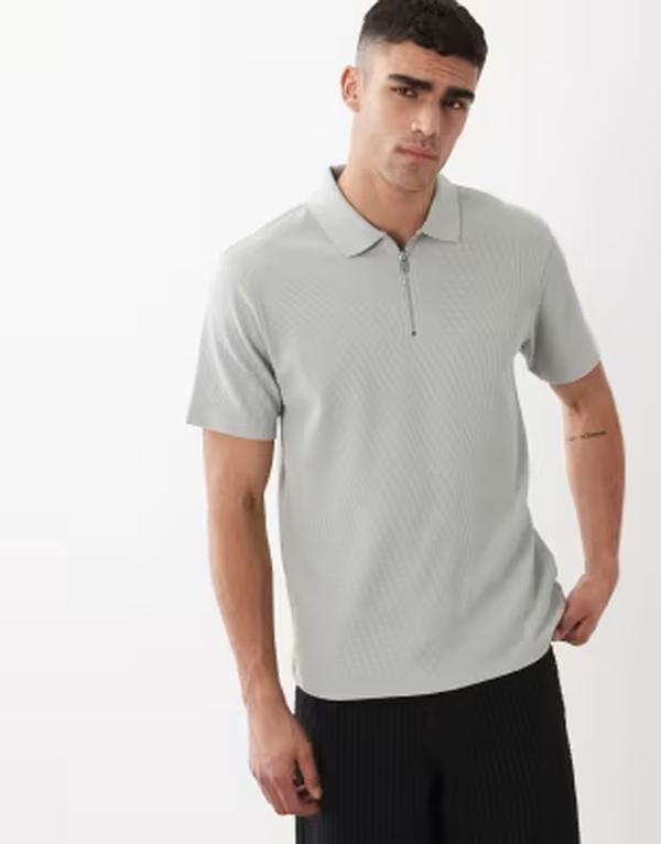 エイソス メンズ トップス スポーツシャツ レギュラー相応う ASOS DESIGN regular fit zipolo waffle Pigeon 薄墨色