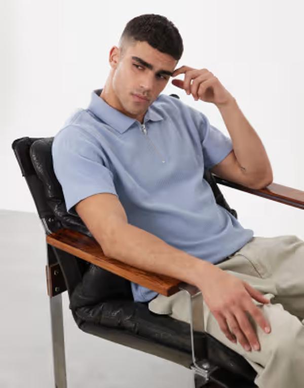 エイソス メンズ トップス スポーツシャツ レギュラー相応う ASOS DESIGN regular fit zipolo waffle BLUE BLIZZARD 青み