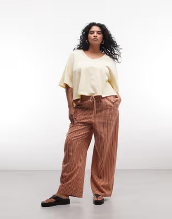 エイソス レディース ボトムス 心地好いズボン下 リネン ASOS Curve ASOS DESIGN Curve linen look pull on pants インチ orange stripes Orange stripe オレンジ色