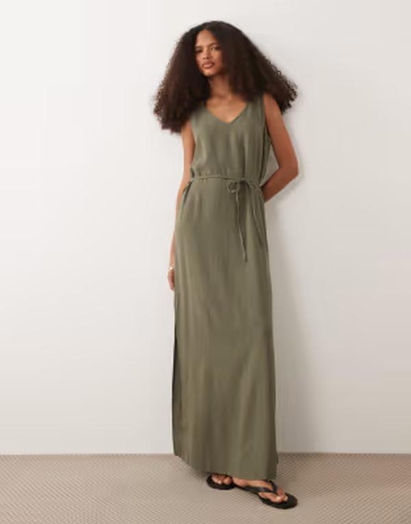 ジェイディーワイ レディース トップス ワンピース リネン マキシ JDY tie waist linen blend maxi dress Khaki カーキ|ReVida 店