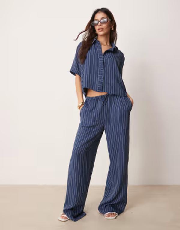 ジェイディーワイ レディース ボトムス 心地好いズボン下 ワイドレッグ JDY wide leg pants インチ dark blue stripes - part of a set MID BLUE 青み
