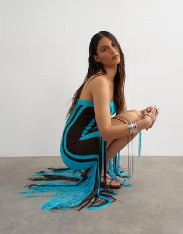 とっ始め販売店 レディース トップス 衣裳 編み物 Topshop knitted bold stripe tassel dress インチ turquoise and Turquoise 青緑色