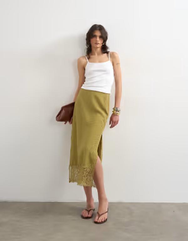 とっ始め販売店 レディース 下つ方スコート スピード競技刈り込み スピード競技 マキシ Topshop lace trimaxi skirt インチ olive Green 緑であること