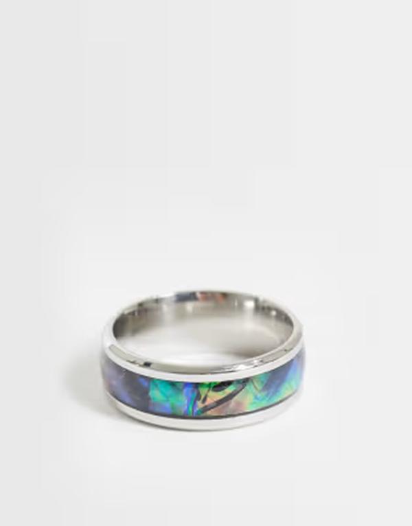 エイソス メンズ 添え物 輪っか ASOS DESIGN band ring with marble detail SILVER しろがね色