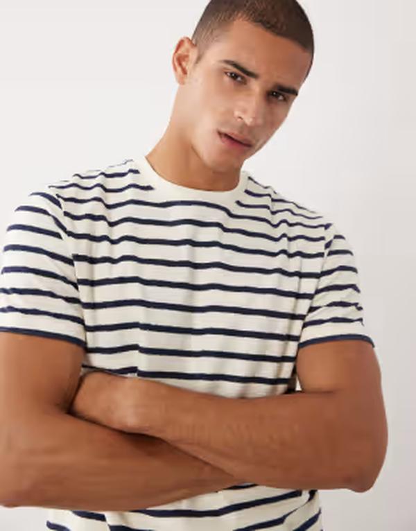 スリードベア メンズ トップス プルオーバー Threadbare ringer T-shirt インチ ecru and navy stripes ECRU エクリュ