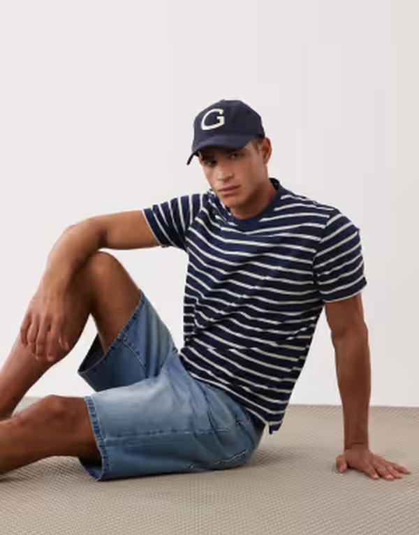 スリードベア メンズ トップス プルオーバー Threadbare ringer T-shirt and ecru stripes NAVY 米国海軍