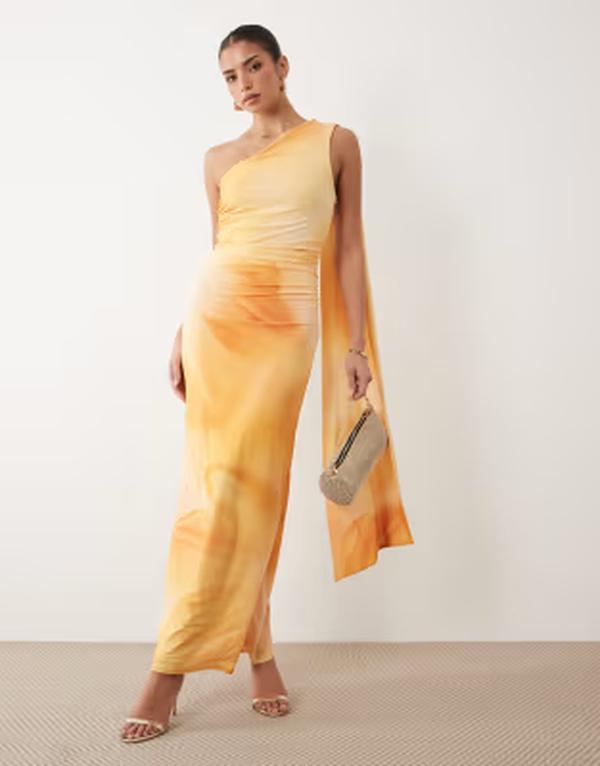 ティエフエヌシー レディース トップス 衣裳 一肩肉 マキシ TFNC slinky one-shoulder scarf detail neck maxi dress インチ yellow abstract YELLOW 黄色