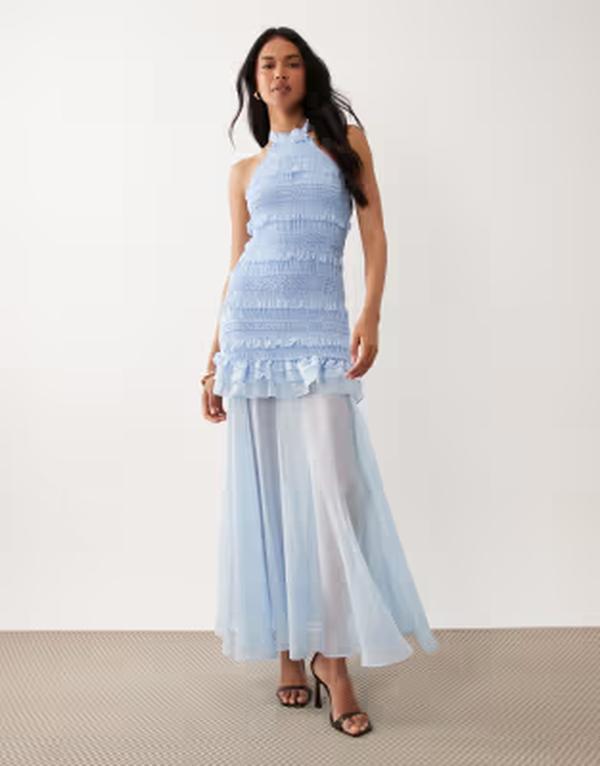 ティエフエヌシー レディース トップス 衣装 シアースカート シフォン フラウンス シアー スコート マキシ TFNC shirred chiffon ruffle sheer skirt maxi dress BLUE 青色