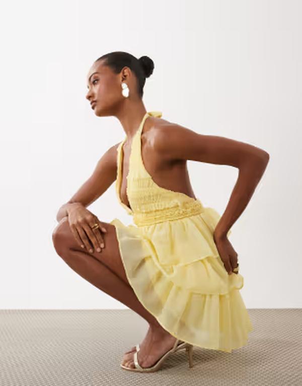 ティエフエヌシー レディース トップス 衣裳 シフォン フラウンス ミニ ホルター TFNC shirred chiffon halter neck ruffle trimini dress インチ butter yellow Butter yellow 黄色