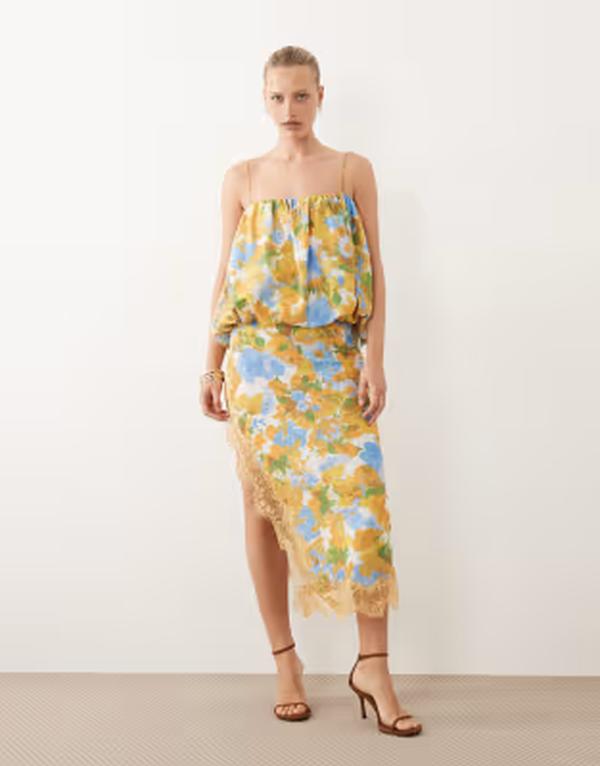 エイソス レディース トップス 衣装 御花柄 MIDI スピード競技 御花 ASOS DESIGN bubble top lace applique MIDI dress インチ yellow floral Yellow floral 黄色