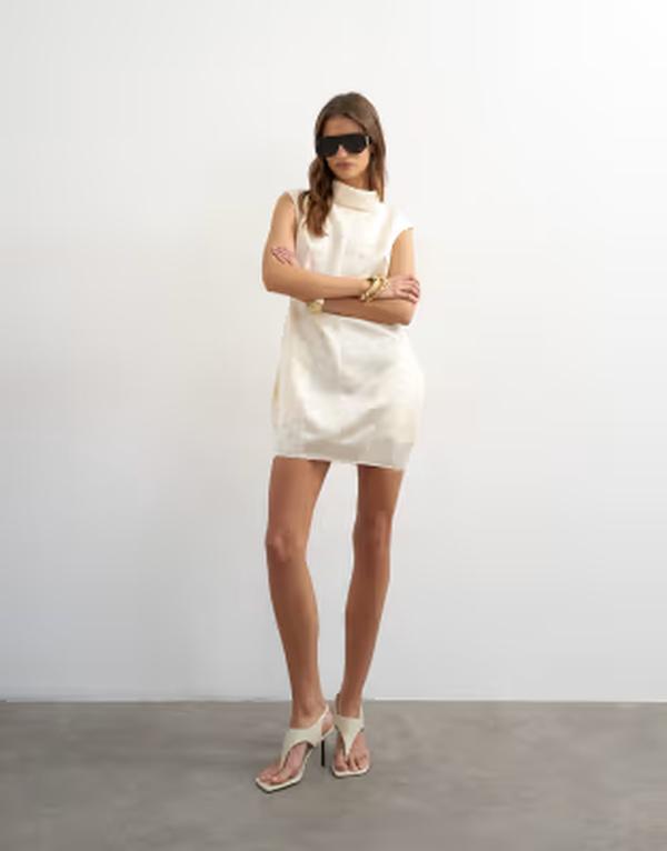 とっ始め販売店 レディース トップス ワンピースタンドネック ミニ 繻子 Topshop satin funnel neck tulip mini dress Off white 象牙色