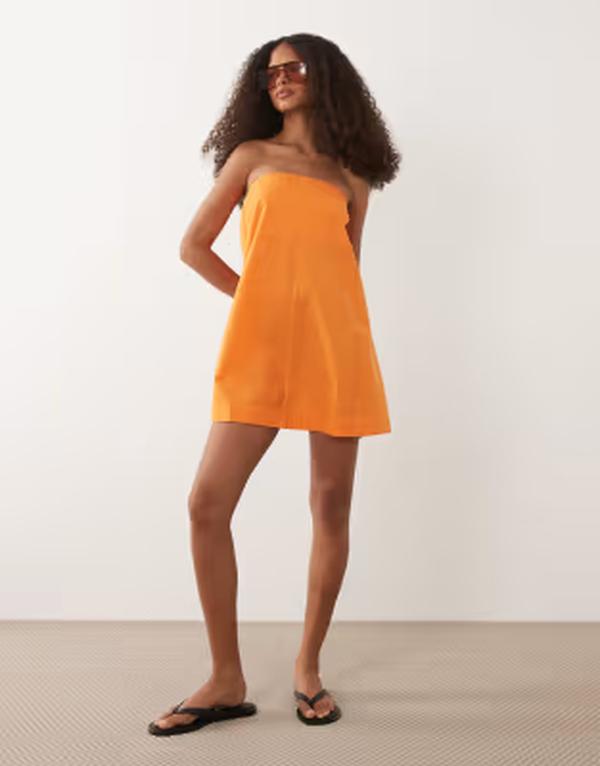 エイソス レディース トップス 衣裳 ミニ 綿織物 リネン ASOS DESIGN cotton linen bandeau mini sundress インチ tangerine orange Tangerine orange オレンジ色