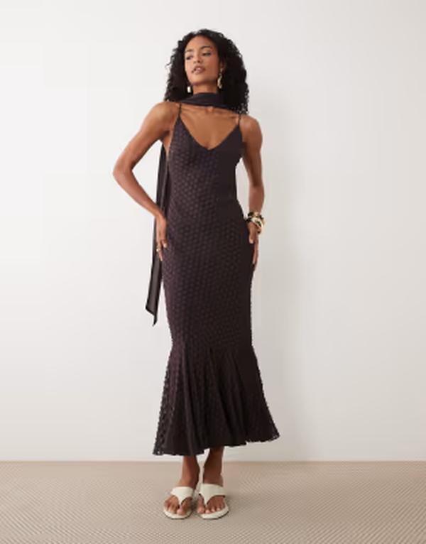 エイソス レディース トップス 衣装 ASOS DESIGN bias plunge cami dress with full godets and scarf detail インチ chocolate Brown 赤銅色