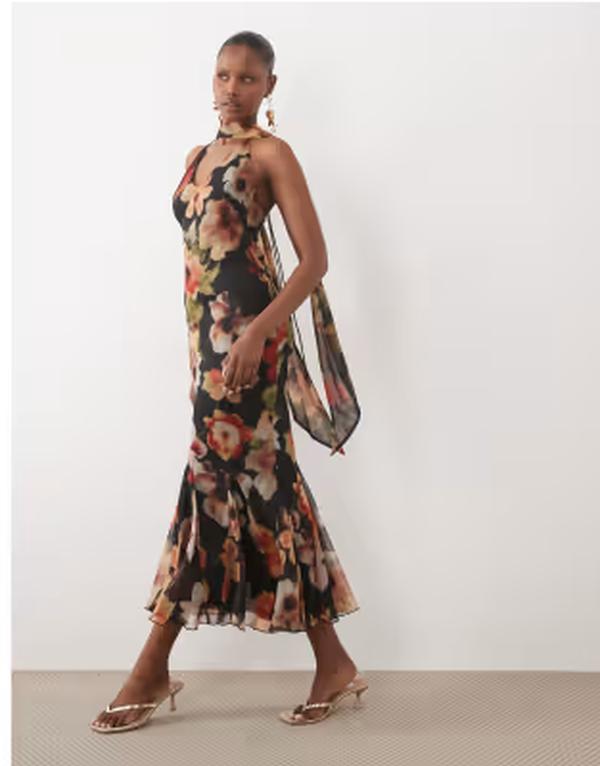 エイソス レディース トップス 衣裳 お花柄 刷り上げる お花 ASOS DESIGN bias plunge cami dress with full godets and scarf detail インチ dark floral print Dark floral print