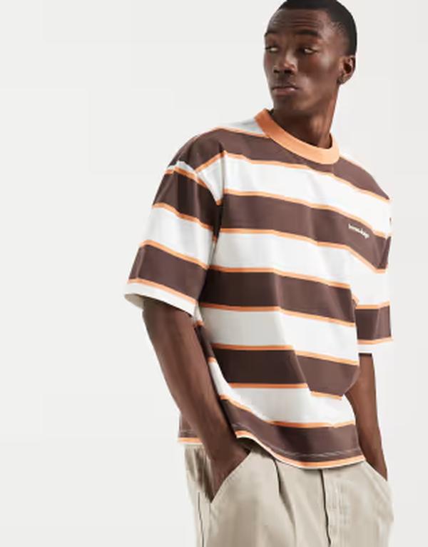 エイソス メンズ トップス ティーシャツ ASOS DESIGN heavyweight boxy oversized T-shirt stripes Brown Stripe 赤銅色