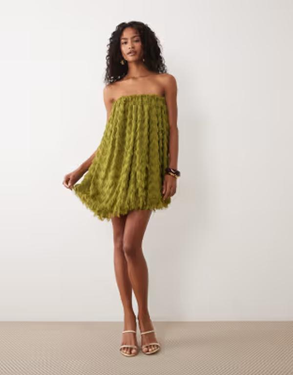 エイソス レディース トップス 衣裳 ミニ ASOS DESIGN wave textured bubble sweetheart neck mini dress インチ olive GREEN 緑であること