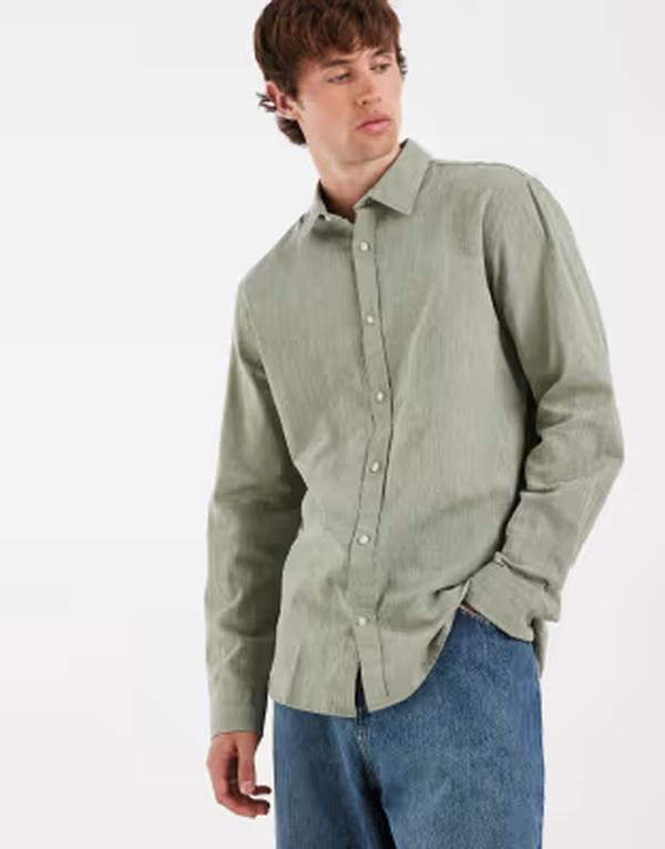 ジャック アンド ジョーンズ メンズ トップス シャツ リネン Jack & Jones linen mix long sleeve shirt in sage New sage セージ｜ReVida 店