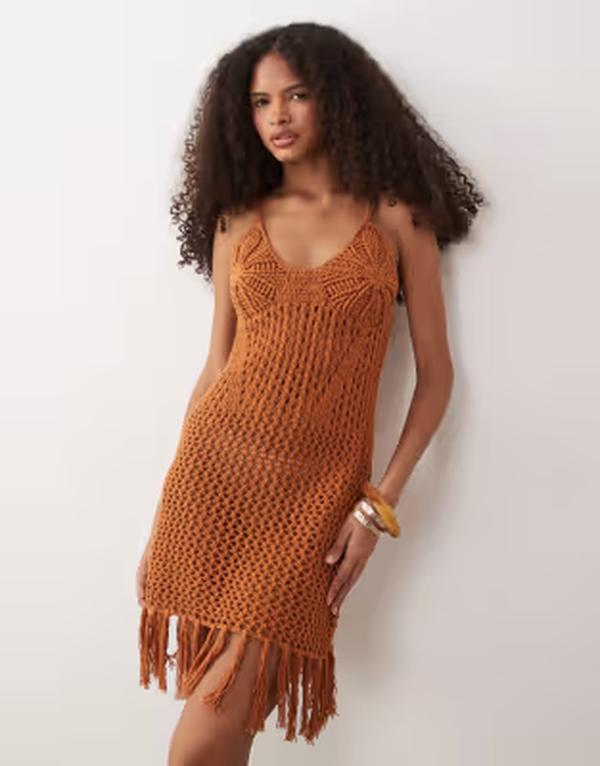 エイソス レディース トップス 衣裳 MIDI フリンジ ASOS DESIGN premium hand crochet fringe MIDI dress インチ rust 挙げ句のはて