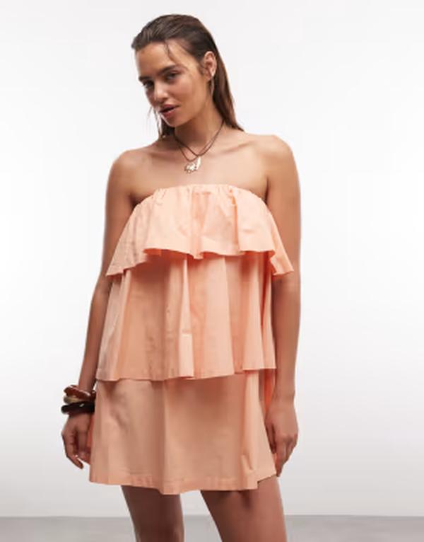 エイソス レディース トップス ワンピース フリル ミニ ASOS DESIGN mini bandeau dress with ruffle details in peach ピーチ｜ReVida 店 16,786円