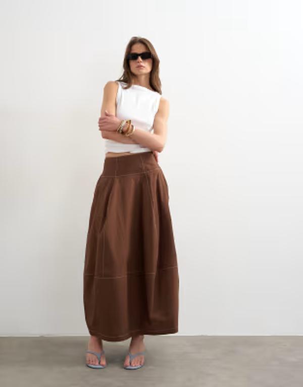 とっ始め販売店 レディース 下つ方スコート マキシ Topshopoplin barrel seamed maxi skirt インチ chocolate 黒茶