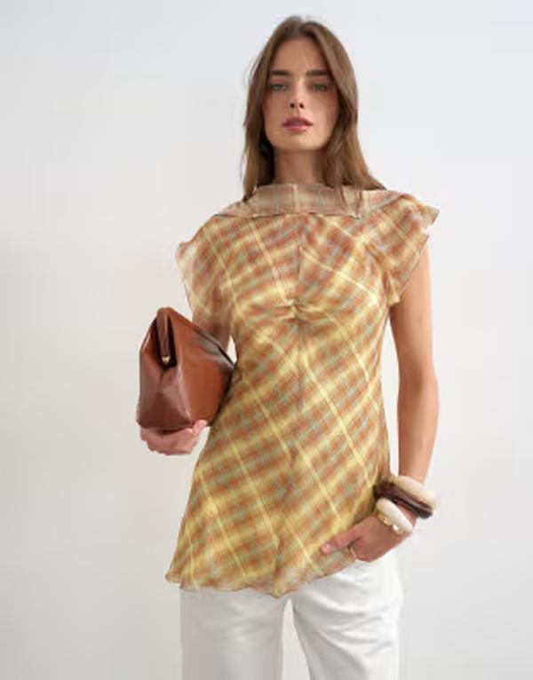 いの一番販売店 レディース トップス 貯蔵タンクいの一番 ドレープ シアー Topshop sheer drape neck top インチ warped pastel check Pastel check 読み合わせる