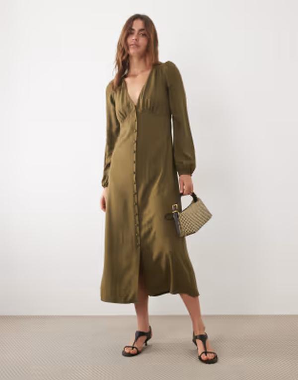 ノーバディーズ チャイルド レディース トップス 衣装 Vのど首 MIDI Nobody\u0027s Child Kennedy V-neck balloon long sleeve button front MIDI dress GREEN 緑であること