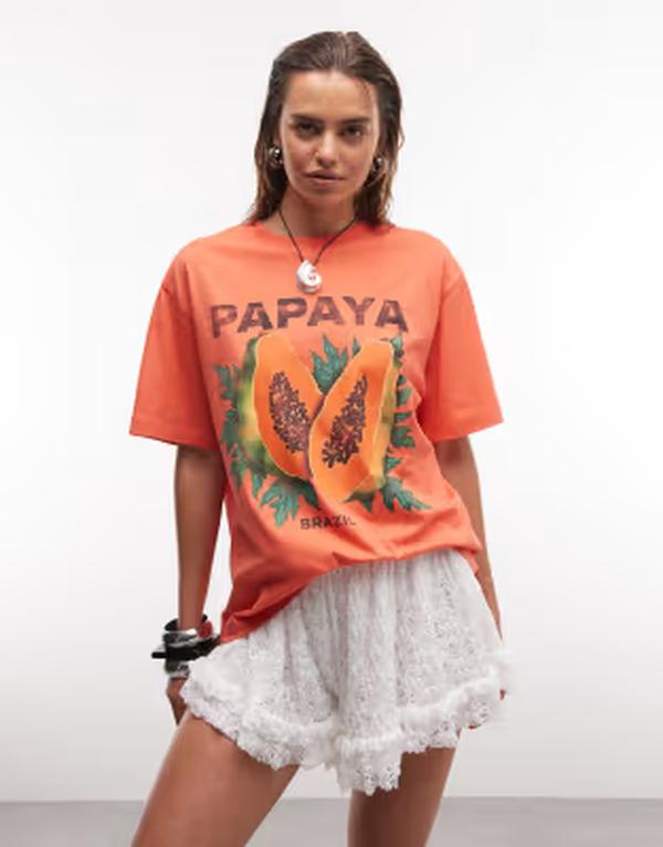 エイソス レディース トップス ティーシャツ グラフィック ASOS DESIGN oversized T-shirt with papaya graphic インチ coral コーラル