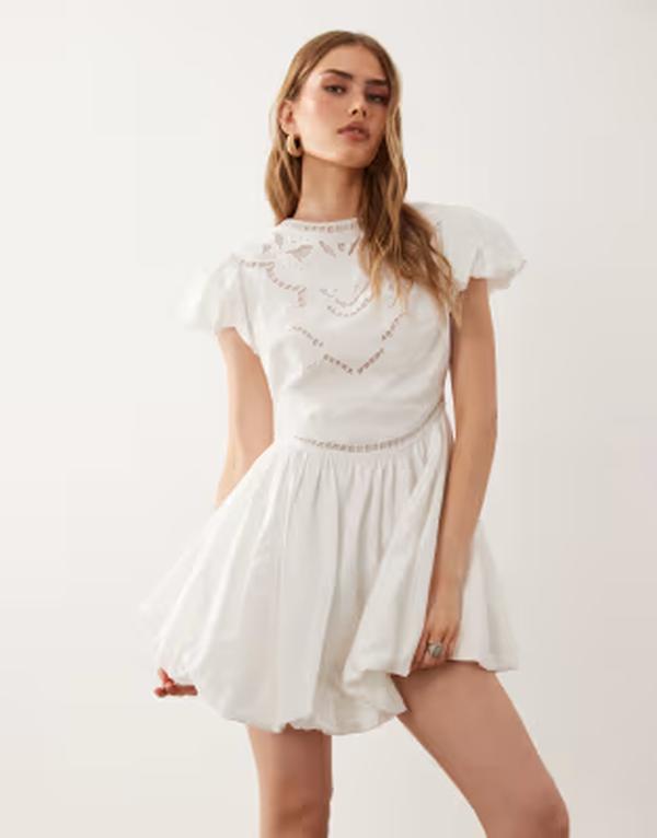 エイソス レディース トップス 衣裳 ミニ ASOS DESIGN bubble mini dress with cutwork embroidery white 白いこと