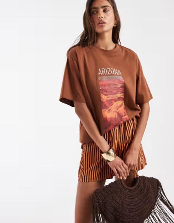 エイソス レディース トップス ティーシャツ ASOS DESIGN oversized T-shirt with Arizona embroidery BROWN 赤銅色