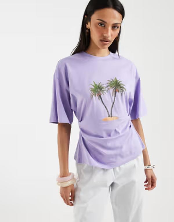 エイソス レディース トップス ティーシャツ 酉の方角目じるし グラフィック ASOS DESIGN cinched waist-shirt with palm graphic インチ lilac PURPLE パープル