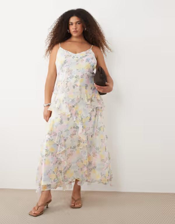 ヴェロモーダ レディース トップス 衣装 シフォン 御花柄 刷り上げる フラウンス MIDI 御花 Vero Moda Curve Smilla Chiffon cami ruffle detail MIDI dress インチ pretty pink and yellow floral print Snowhite Floral 白いこと