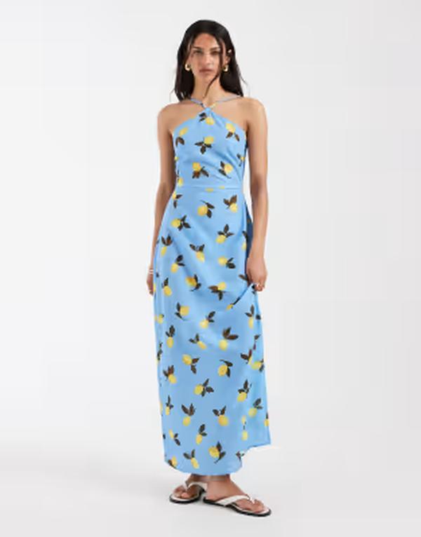ヴェロモーダ レディース トップス 衣装 刷り上げる マキシ ホルター Vero Moda halter maxi dress lemon print Blue lemon print 青み
