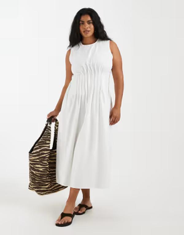 ヴェロモーダ レディース トップス ワンピース プリーツ ミディ ノースリーブ Vero Moda Curve poplin pleated waist sleeveless midi dressnowhite ホワイト｜ReVida 店