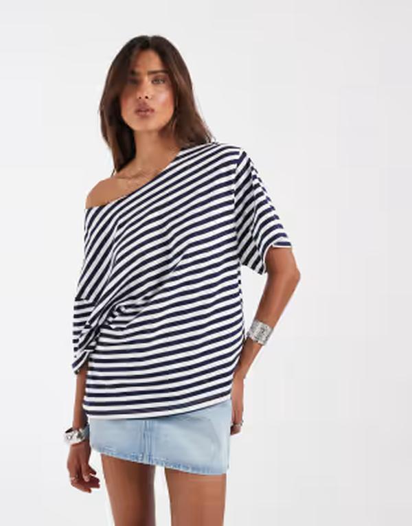 エイソス レディース トップス ティーシャツ ASOS DESIGN slouchy off shoulder oversized tee navy stripe Navy stripe 米国海軍