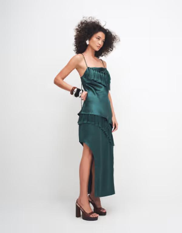 エイソス レディース 下つ方スコート MIDI 繻子 ASOS DESIGN satin MIDI skirt with tassel detail インチ dark green 緑であること