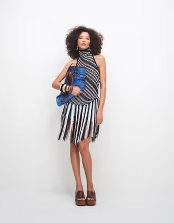トップショップ レディース トップス ベスト ニット フリンジ ホルター Topshop knit stripe halterneck longline fringed tunic and Black ブラック｜ReVida 店