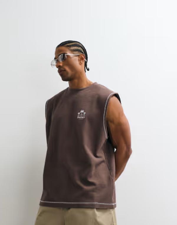 エイソス メンズ トップス より良い グラフィック ASOS DESIGN heavyweight oversized tank with chest graphic textured fabricOFFEE QUARTZ 珈琲