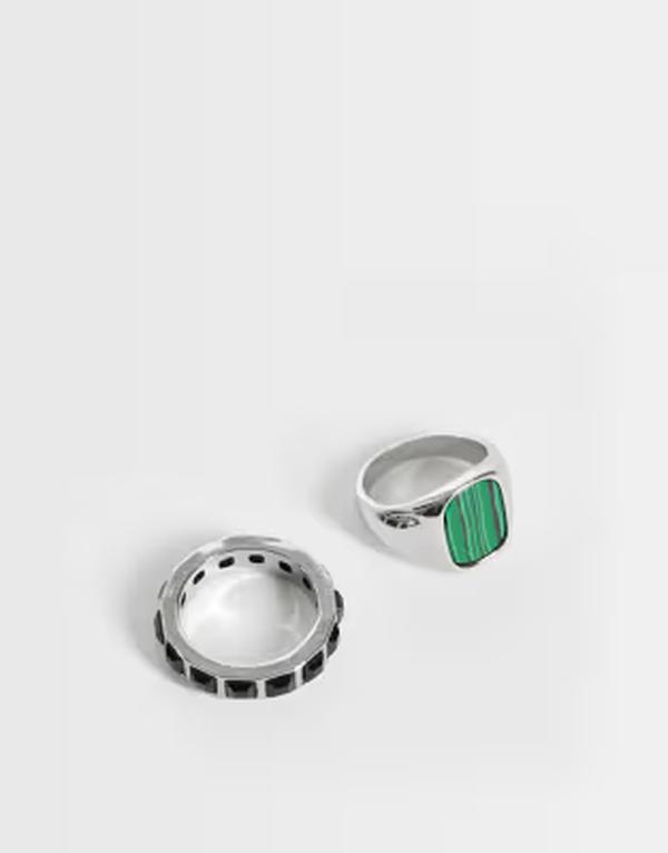 エイソス メンズ 添え物 輪っか ASOS DESIGN 2 pack oval stone top and square stone signet ring SILVER しろがね色