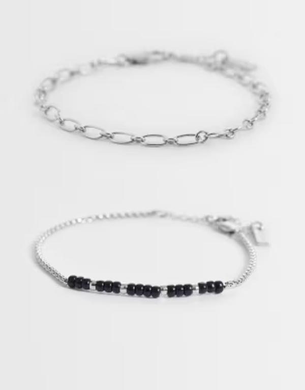 エイソス メンズ 付属物 ブレスレット・バングル・アンクレット ASOS DESIGN 2 pack ovalink and black beaded rope chain braceletone SILVER しろがね色