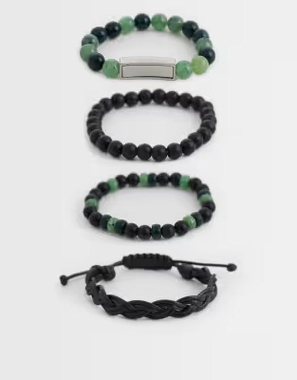 エイソス メンズ 佩び物 ブレスレット・バングル・アンクレット ASOS DESIGN 4 pack beaded and rope bracelets and Black and green 黒いこと