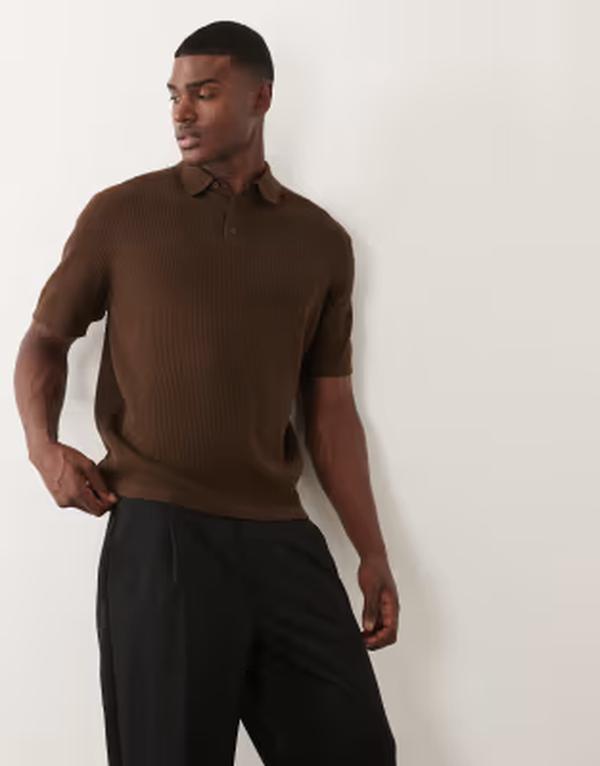 エイソス メンズ トップス スポーツシャツ 編み物 ASOS DESIGN Essential oversized fine-knit polo BROWN 赤銅色