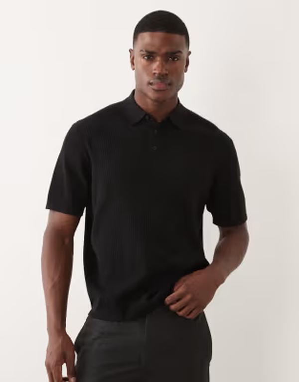 エイソス メンズ トップス スポーツシャツ 編み物 ASOS DESIGN Essential oversized fine-knit polo Black 黒いこと