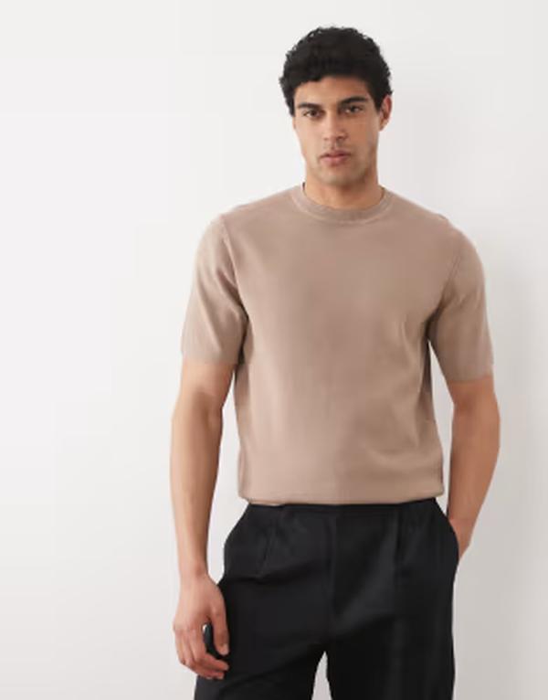 エイソス メンズ トップス ティーシャツ リブニット ASOS DESIGN Essential fine-rib knit crew-neck t-shirt インチ taupe トープ