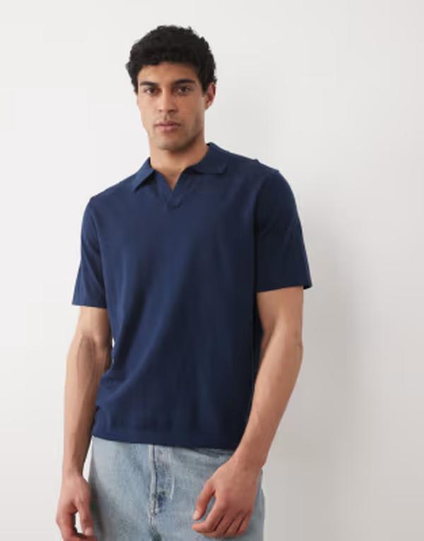 エイソス メンズ トップス スポーツシャツ 編み物 ASOS DESIGN Essential relaxed fine-knit notch neck polo shirt NAVY 米国海軍