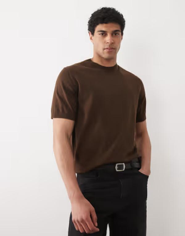 エイソス メンズ トップス プルオーバー 編み物 ASOS DESIGN Essential relaxed fine-knit crew-neck t-shirt BROWN 赤銅色